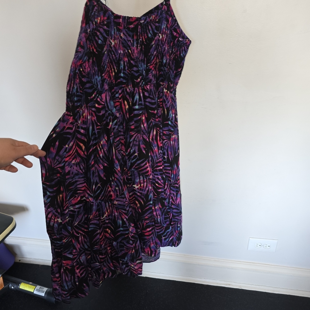 Torrid Smocked Pink and Purple Palm Leaf Dress - Plus Size: 2x - Picture 8 of 11